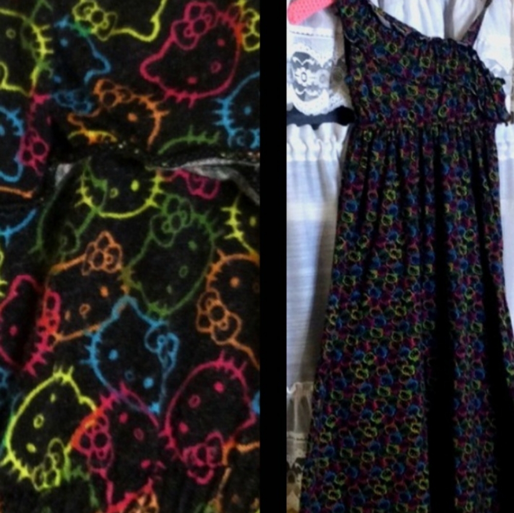 Hello Kitty sun dress black, pink blue, yellow, green cat print girls med